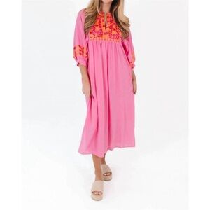 Embroidered Pink Midi Dress with 3/4 Sleeves